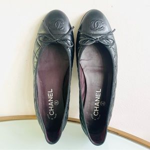 Black Leather Chanel quilted flats